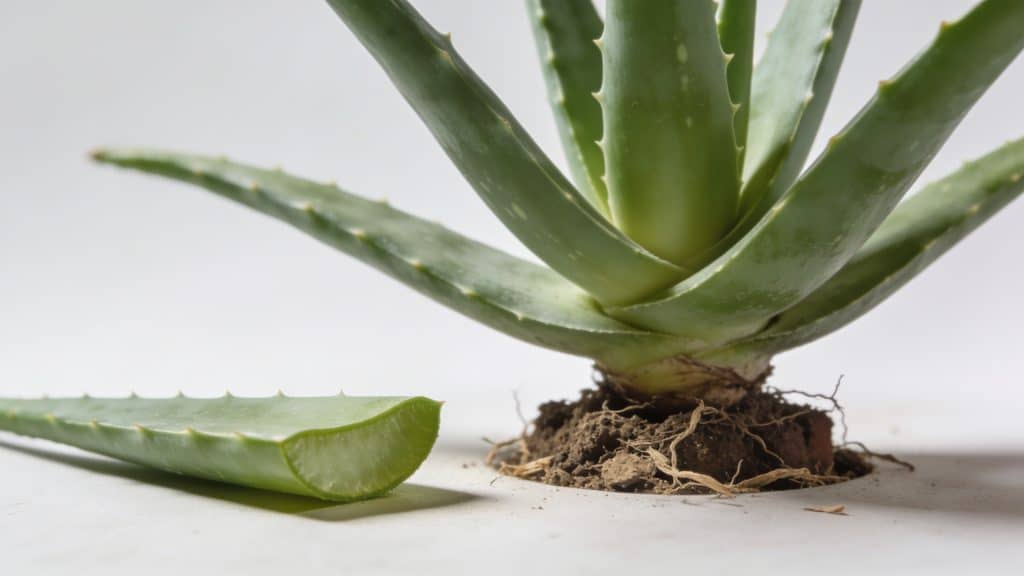 Main aloe vera plante, feuille coupee, terreau sec