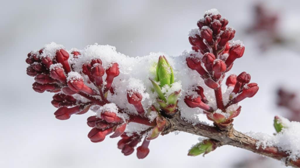 Arbuste lilas rouge gele sous neige, repousses printanieres