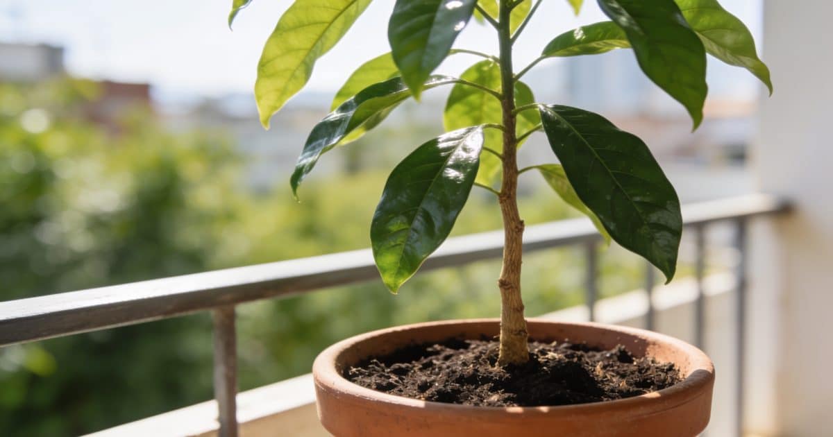 Jeune avocatier feuillu en pot de terre cuite sur un balcon ensoleille