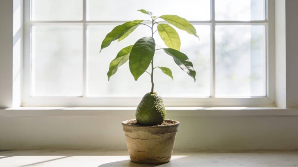 Avocatier en pot devant grande fenetre ensoleillee