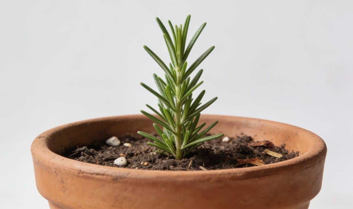 Main cultivant une bouture de romarin en pot