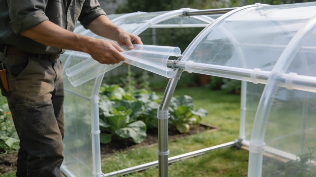 Bricoleur assemble une serre PVC transparente dans jardin