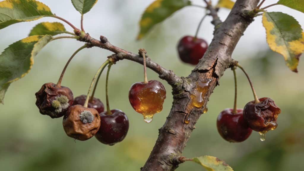 Cerisier malade avec fruits pourris et resine ambree
