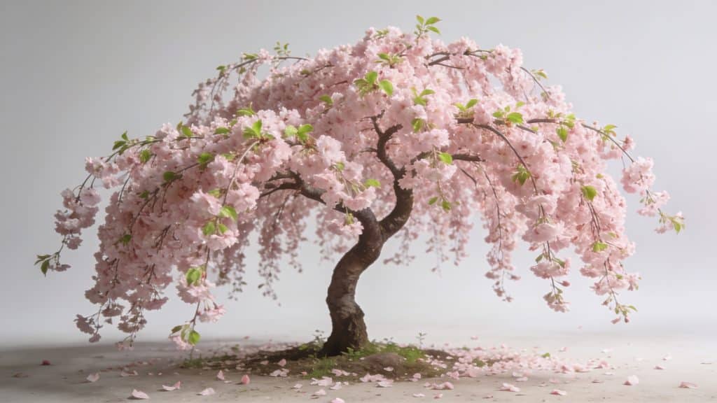 Cerisiers pleureurs roses en fleurs dans jardin