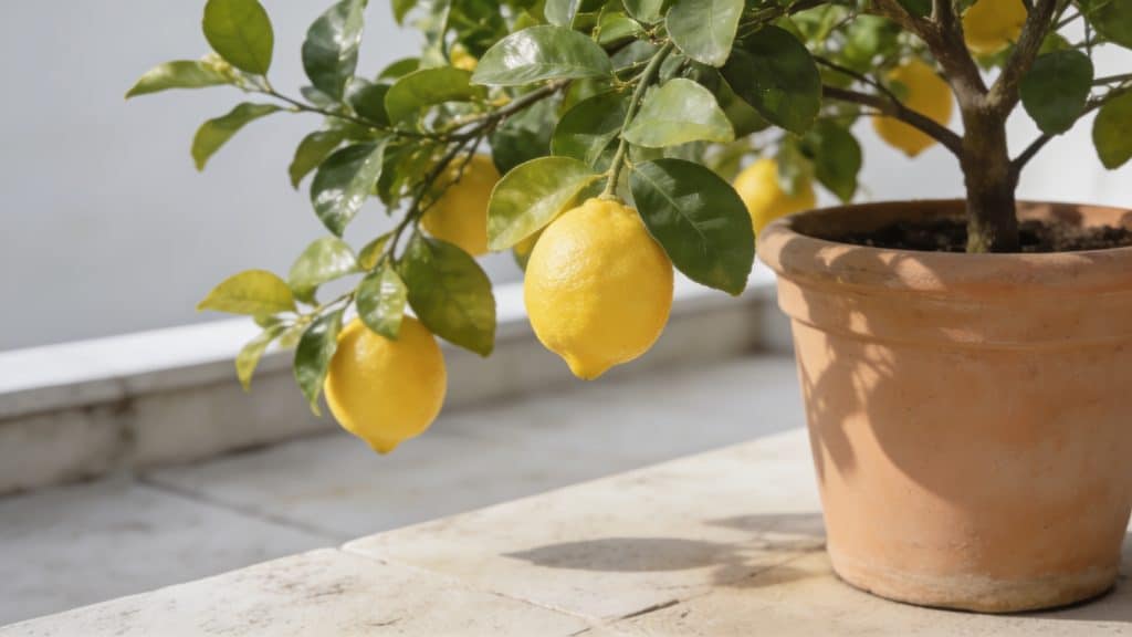 Citronnier en pot sur terrasse, fruits jaunes brillants
