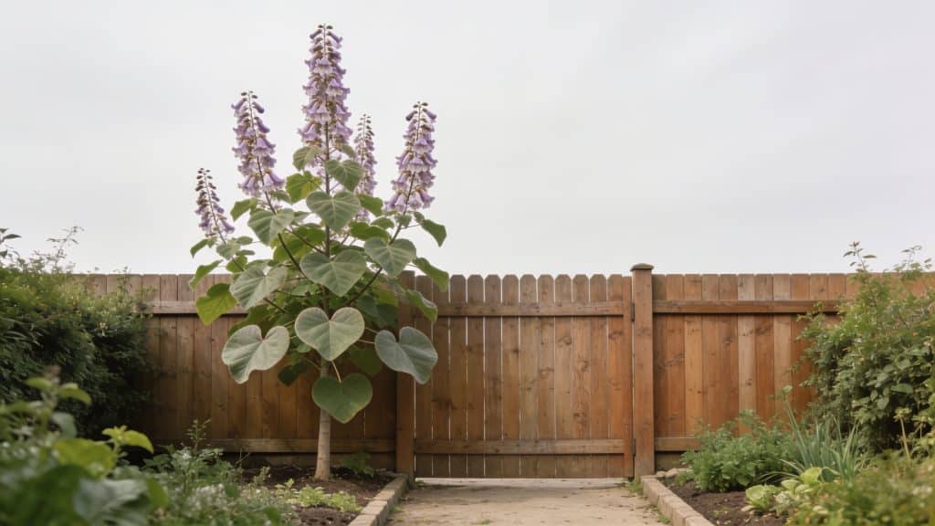 Cloture entre deux jardins avec arbre paulownia proche