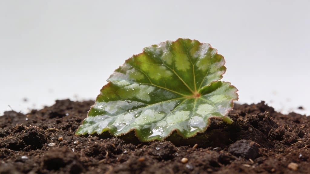 Feuille de begonia posée sur terreau humide