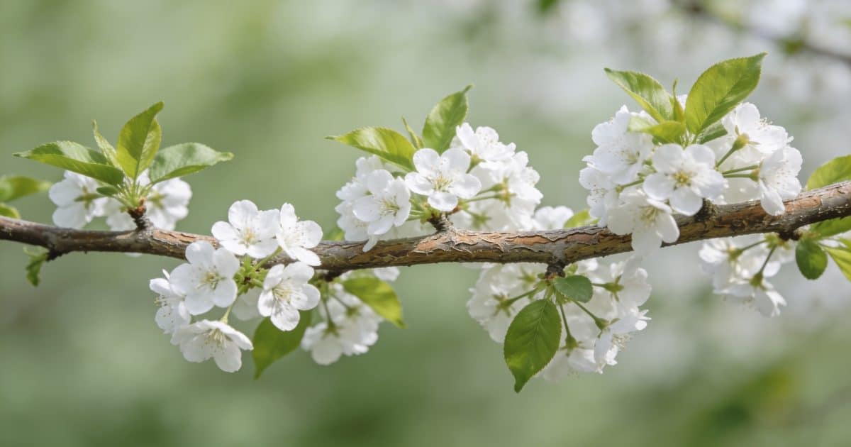 Gros plan branche de cerisier horizontale avec fleurs blanches