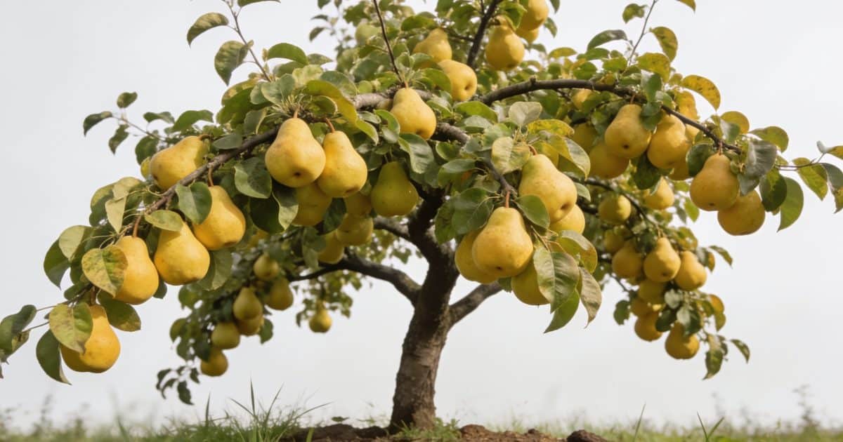 Gros poirier charge de fruits jaunes en verger