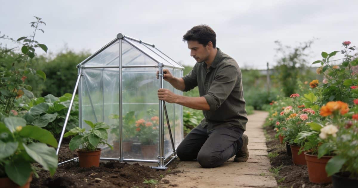 homme agenouillé construisant petite serre plastique jardin