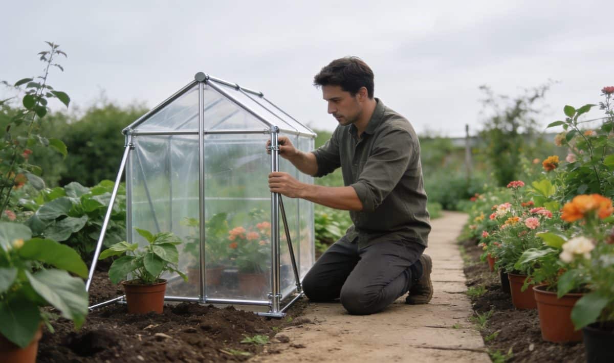 homme agenouillé construisant petite serre plastique jardin