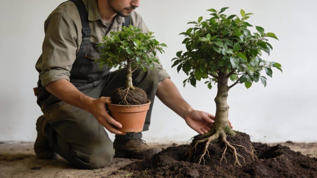 Jardinier comparant arbre en pot et arbre plante en sol