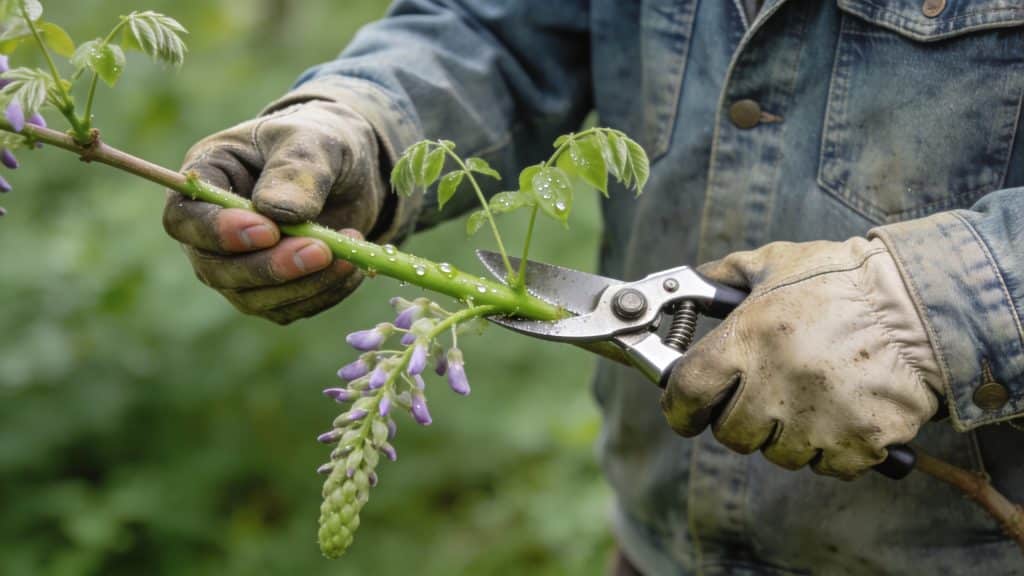 Jardinier coupant une tige verte de glycine