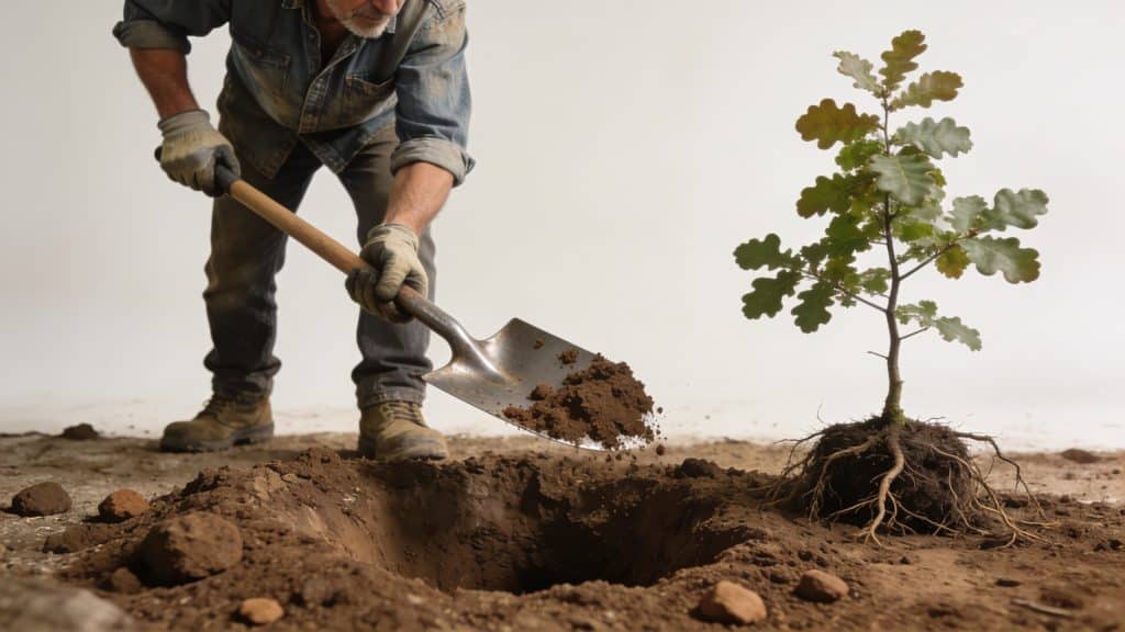 Jardinier creusant large trou dans sol argileux
