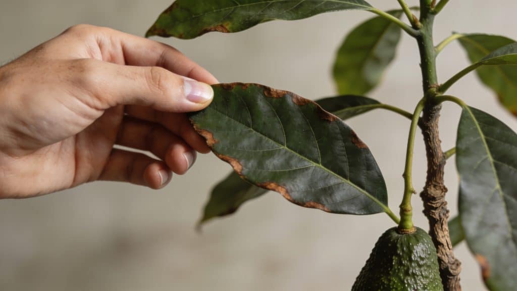 Main de jardinier inspectant feuilles brunes d avocatier