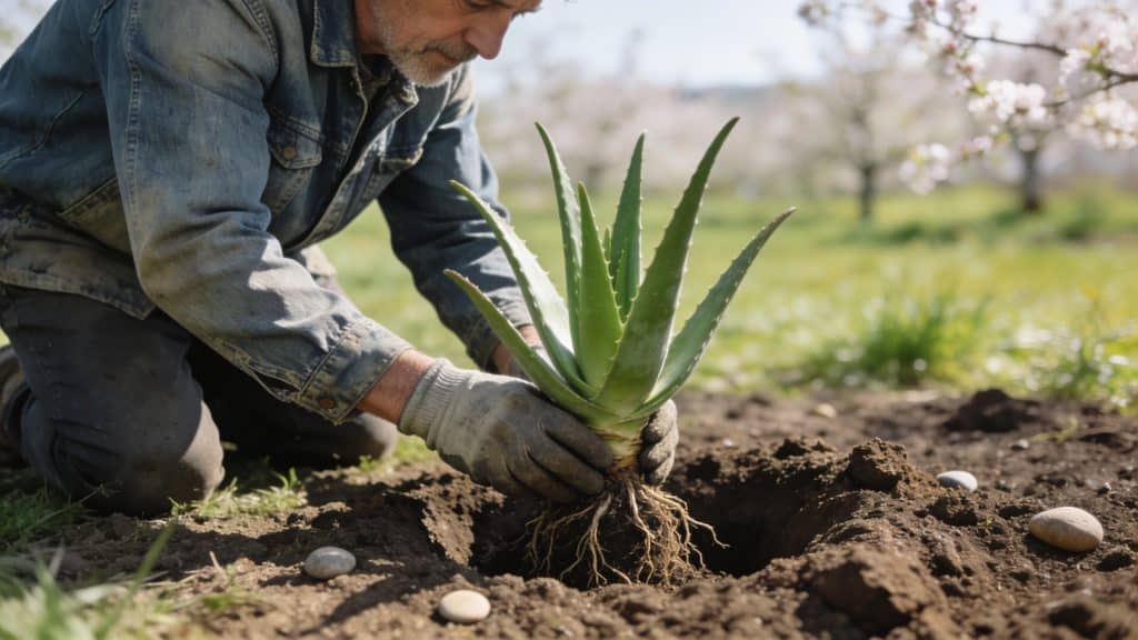Jardinier plantant aloe vera au printemps ensoleille