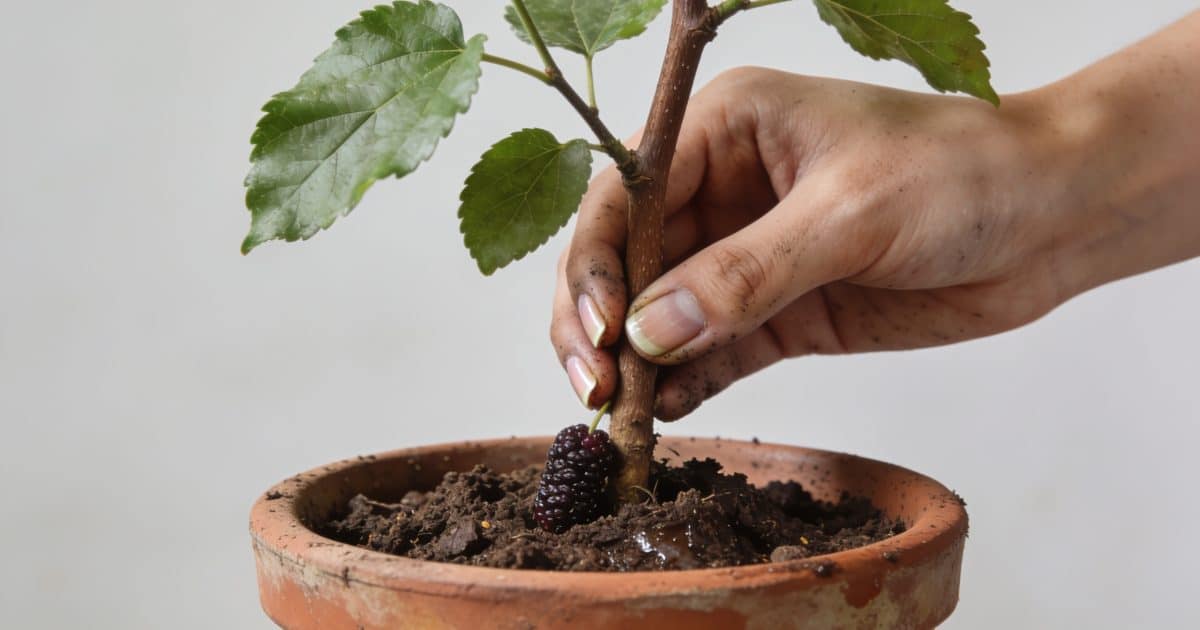 Main de jardinier plantant branche de murier en pot