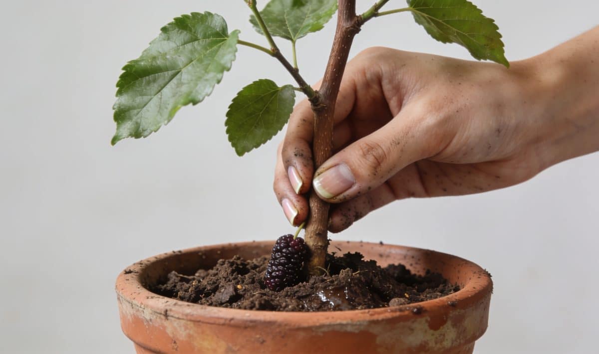 Main de jardinier plantant branche de murier en pot