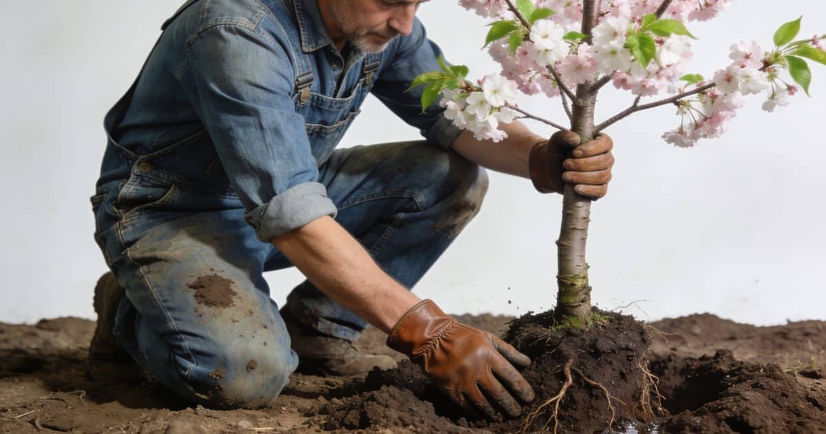 jardinier accroupi plantant jeune cerisier en fleurs