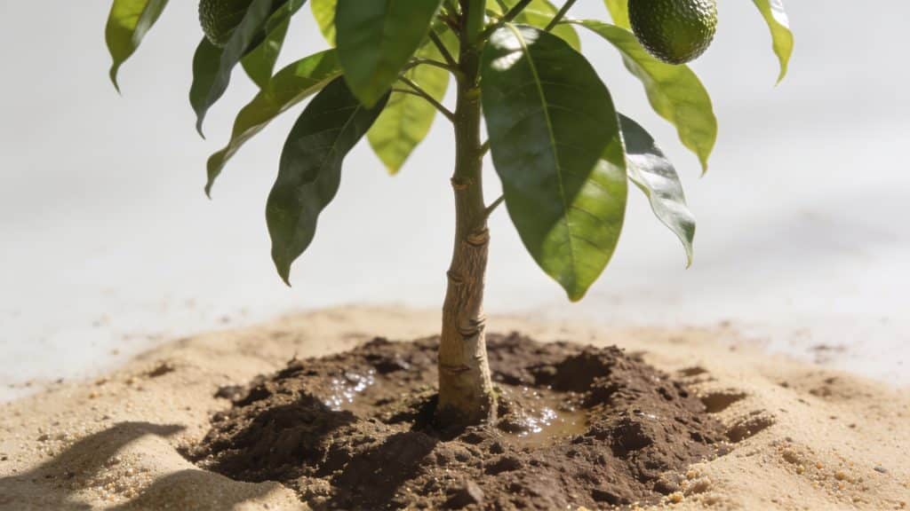 Jeune avocatier plante Hass dans sol sableux