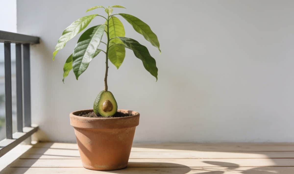Jeune avocatier en pot sur balcon ensoleille
