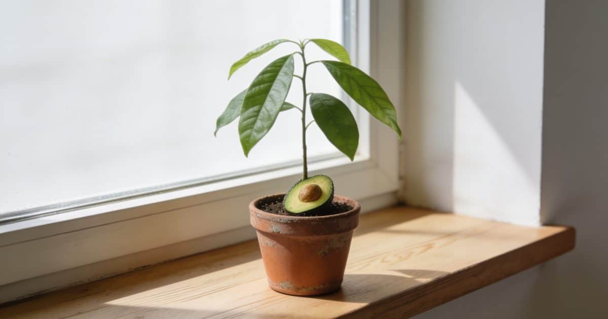 Jeune avocatier en pot sur rebord de fenetre