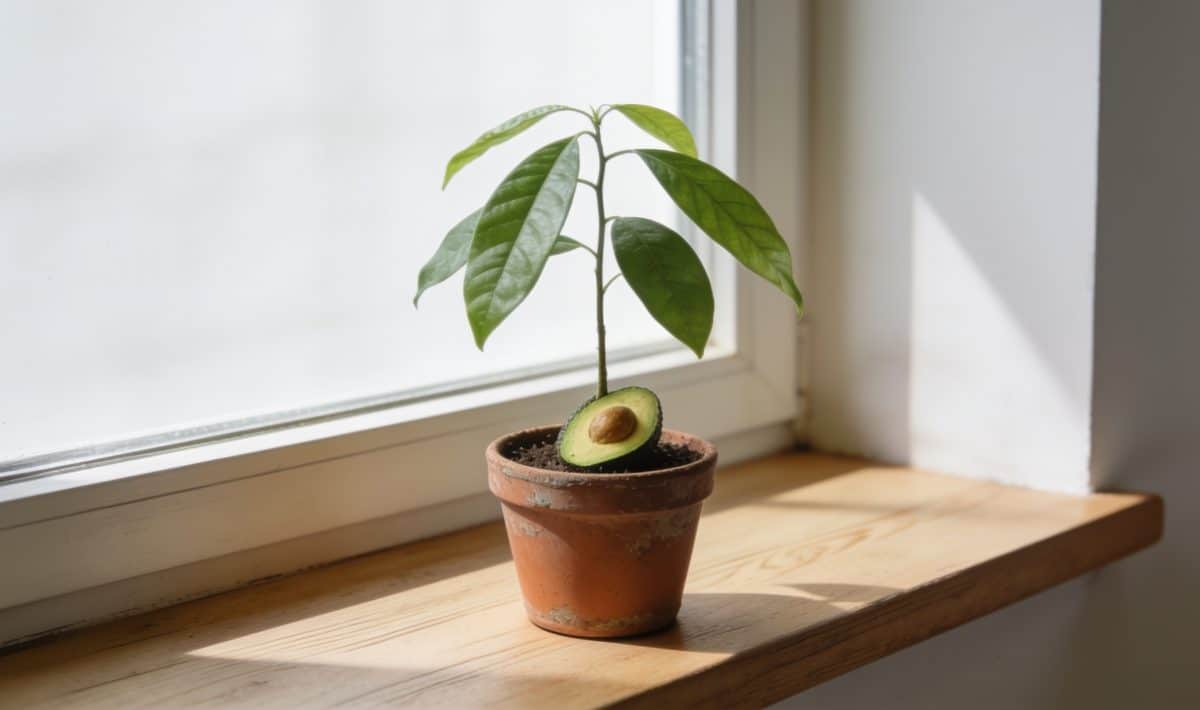 Jeune avocatier en pot sur rebord de fenetre