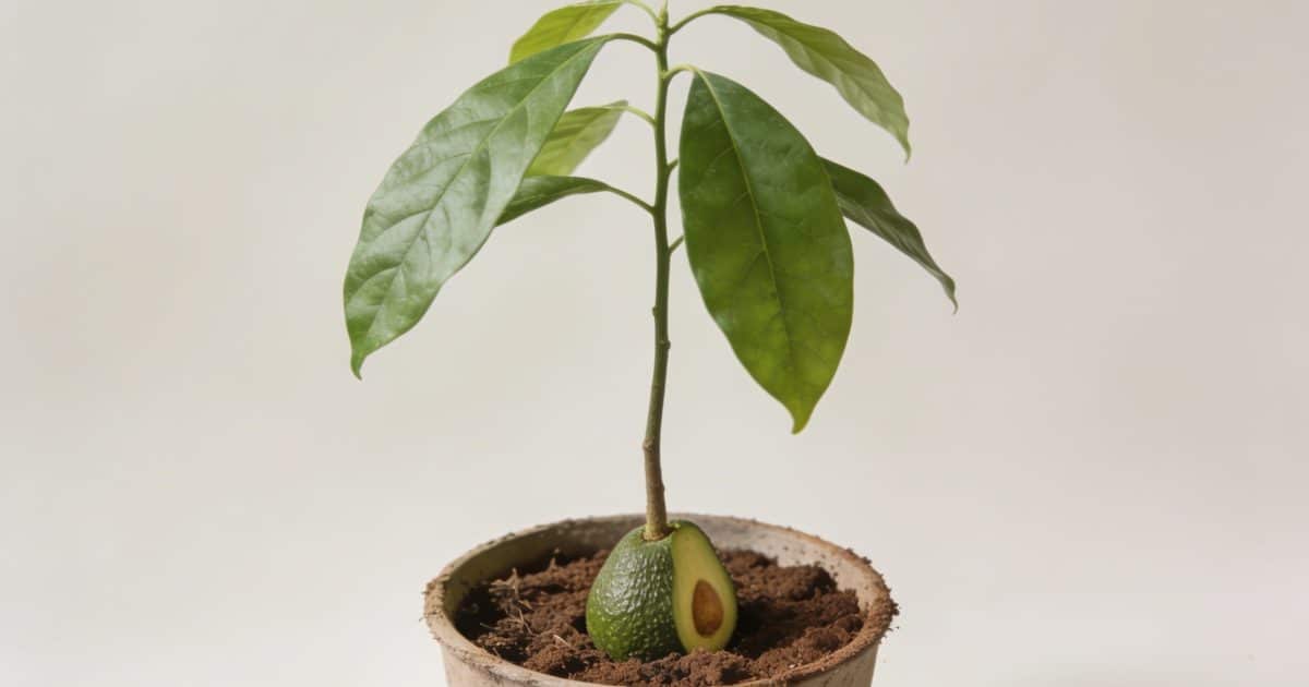 Jeune avocatier en pot pousse dans terre brune