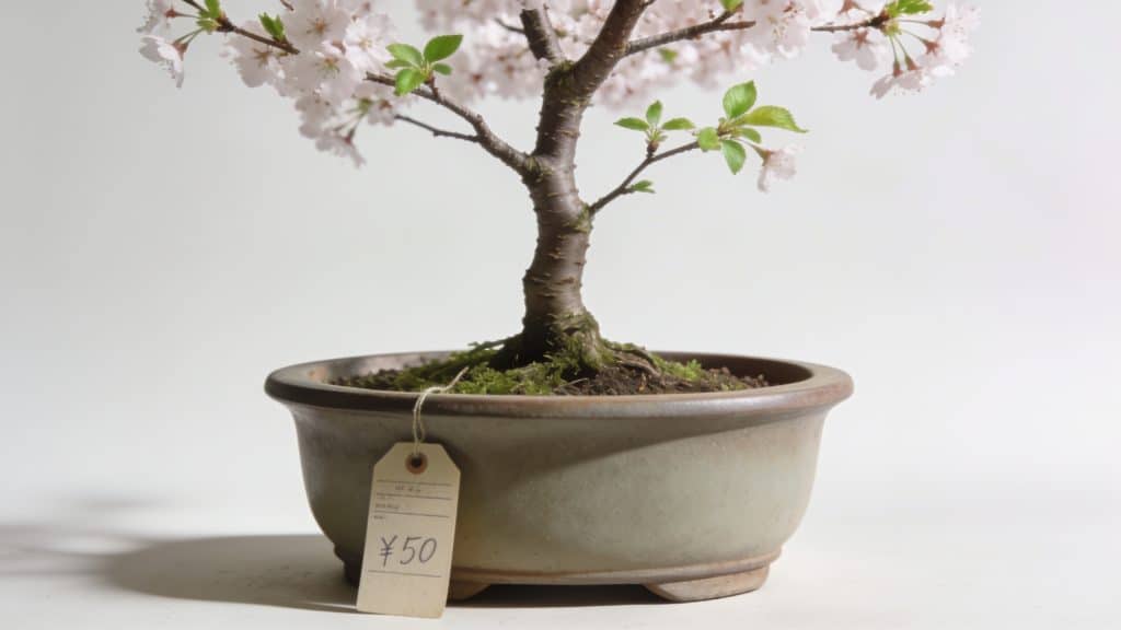 Jeune cerisier du Japon en pot avec etiquette prix