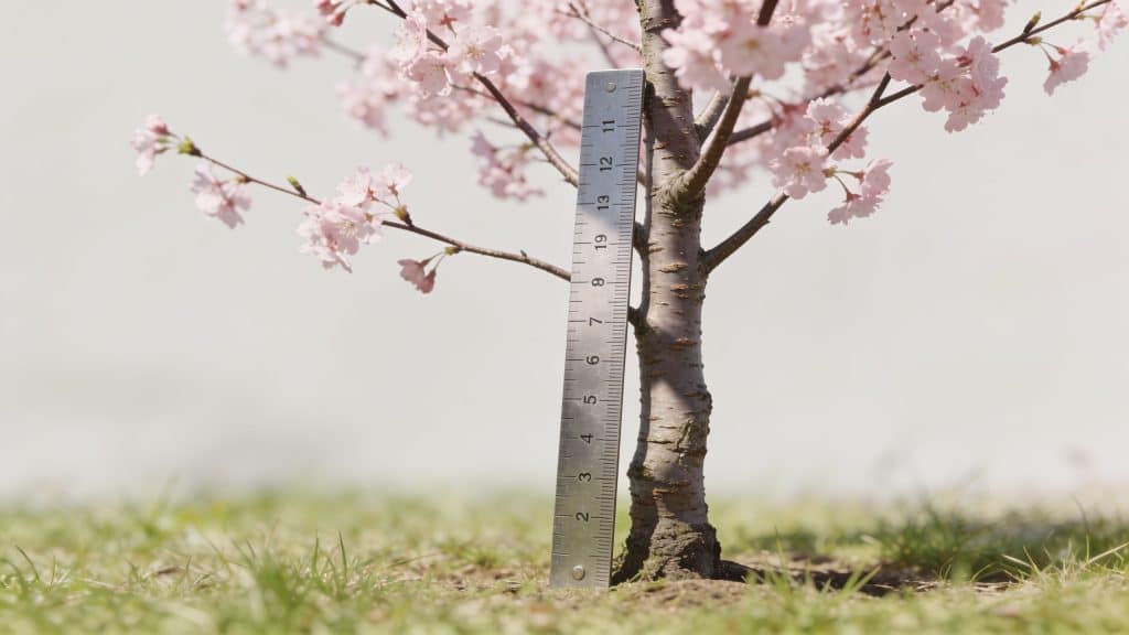 Jeune cerisier japonais avec regle mesure croissance