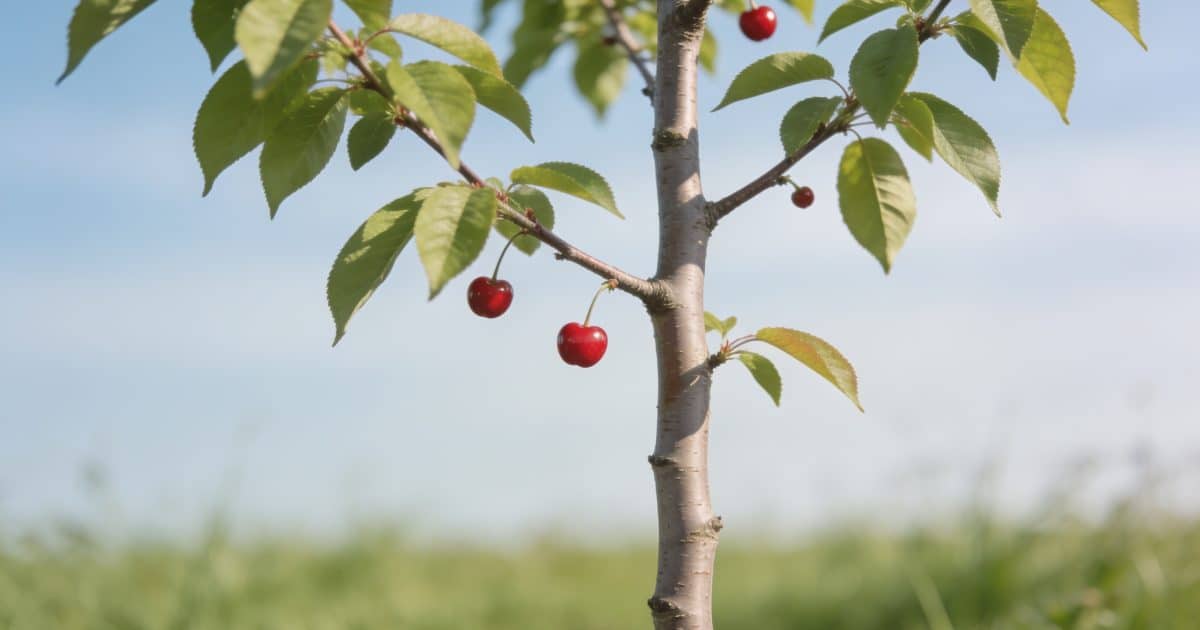 Jeune cerisier au jardin portant quelques fruits