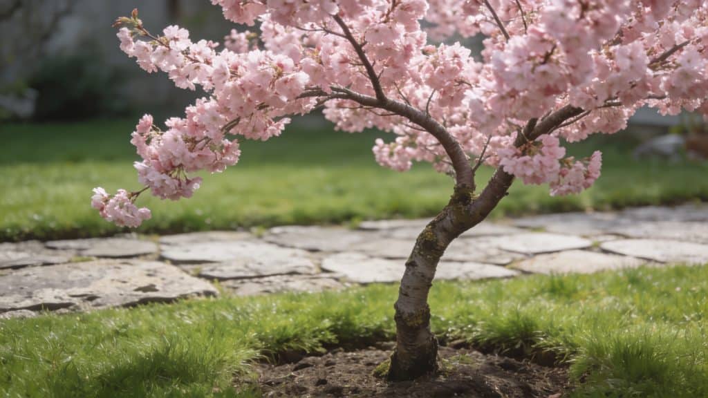 Jeune cerisier rose en fleurs dans petit jardin