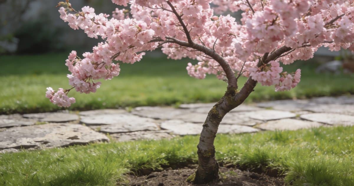 Jeune cerisier rose en fleurs dans petit jardin