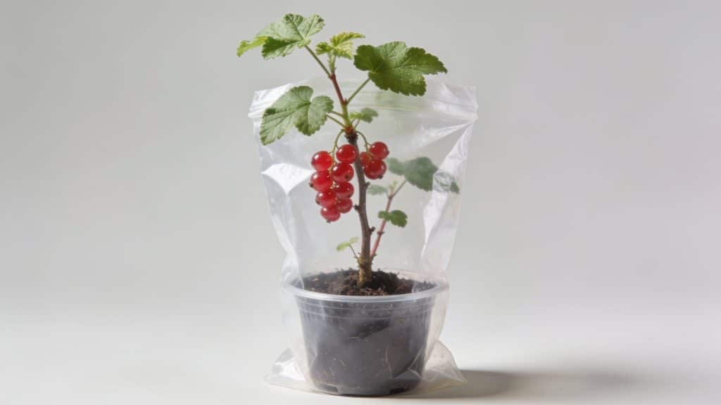 Jeune groseillier bouture en godet, sac plastique transparent