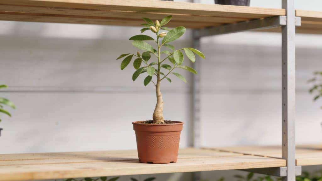 Jeune pistachier en pot sur etagere de pepiniere