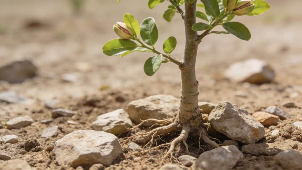 Jeune pistachier poussant sur sol caillouteux sec