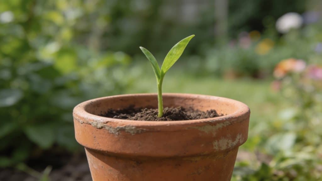 Jeune pousse dans pot en terre devant jardin
