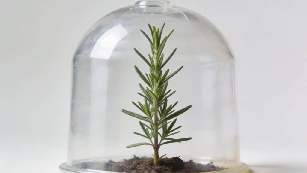 Jeune tige de romarin sous cloche plastique transparente
