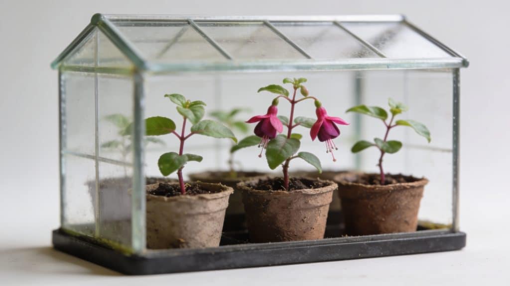 Jeunes boutures de fuchsia en godets sous mini serre