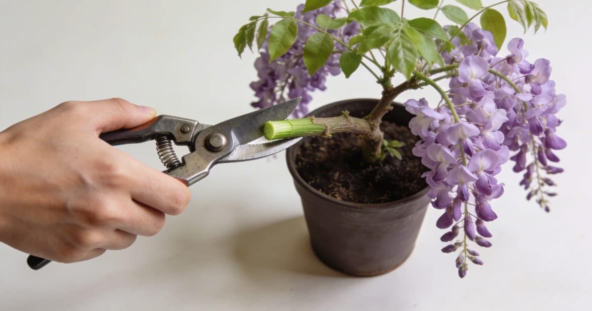 Main coupant une tige de glycine en pot