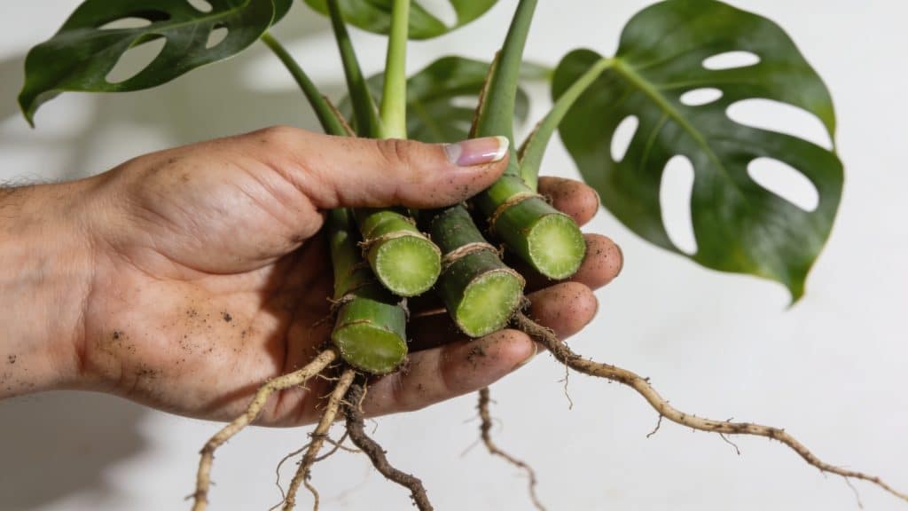 Main de jardinier tenant boutures de monstera