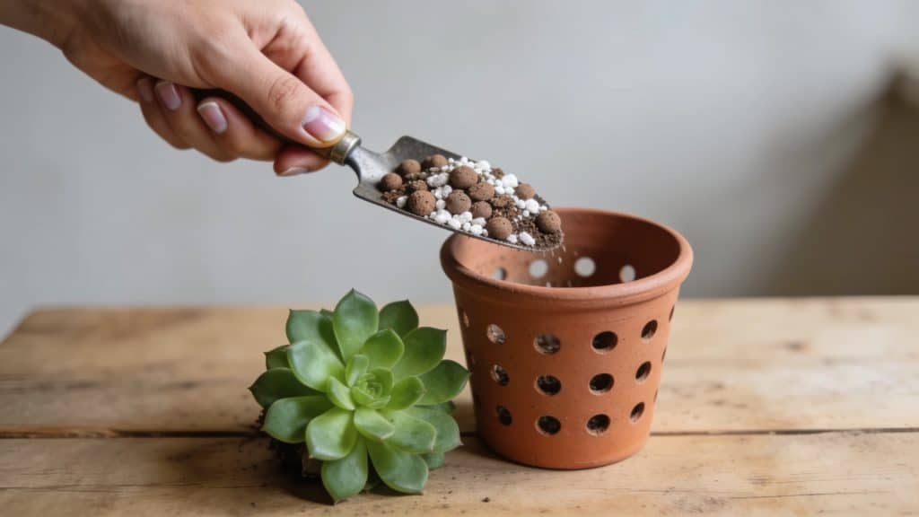 Main de jardinier remplissant pot percé de billes argile et perlite