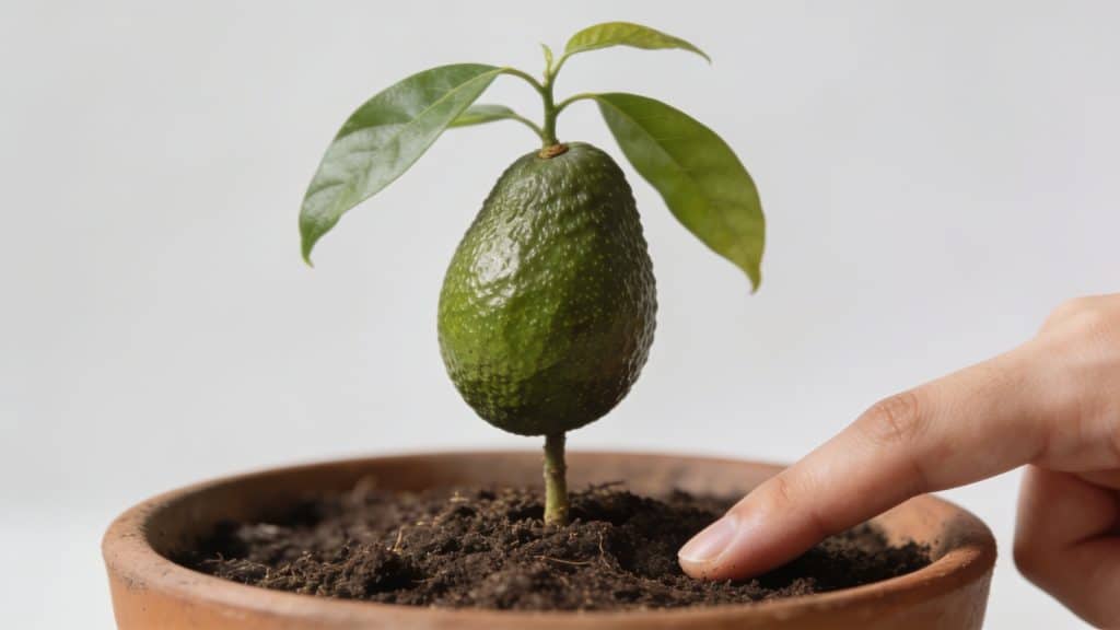 Main tenant petit avocatier en pot, doigt dans terre