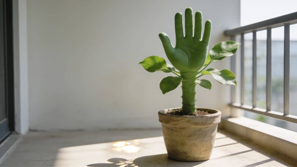 Main verte en pot sur balcon ensoleille