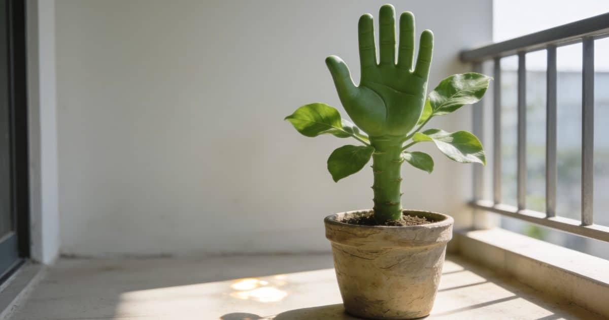 Main verte en pot sur balcon ensoleille