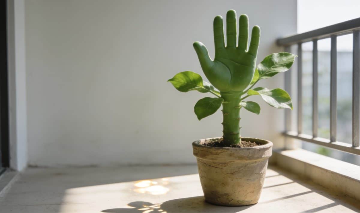Main verte en pot sur balcon ensoleille
