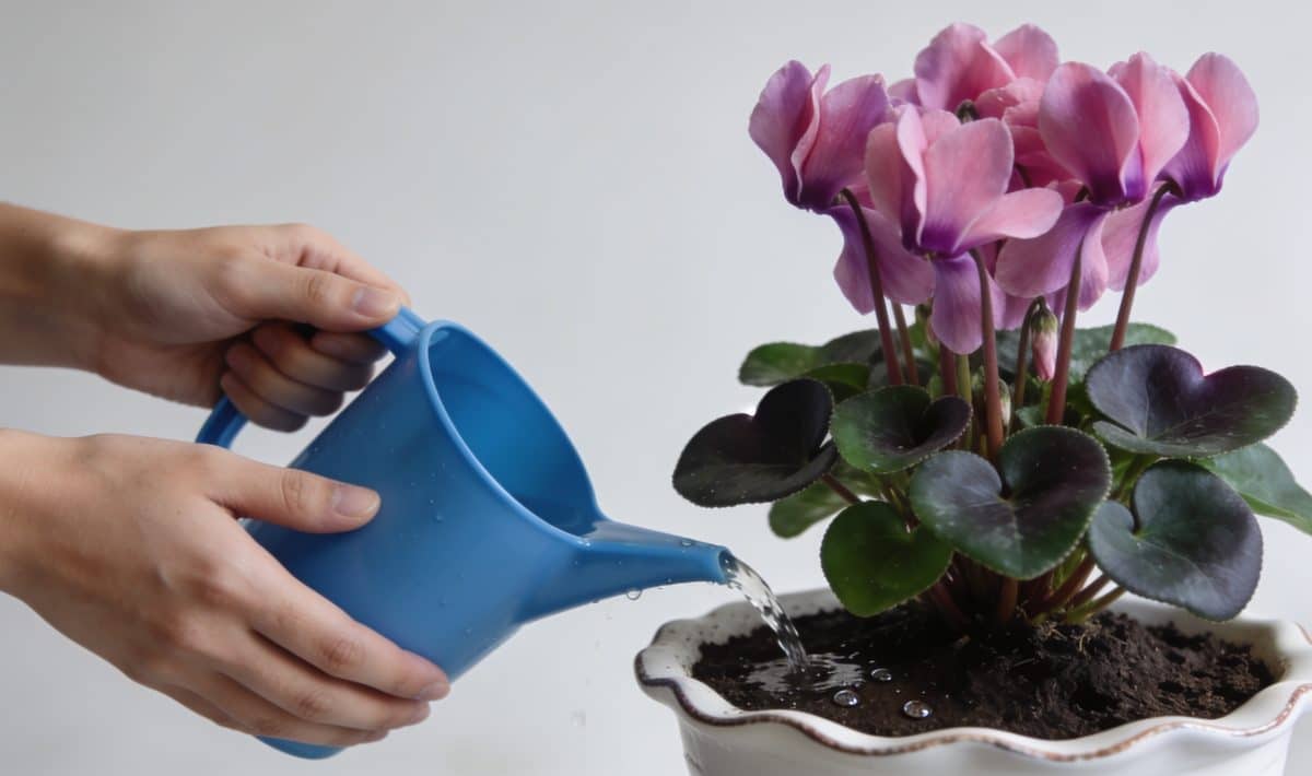 Mains arrosant un pot de cyclamen interieur fleuri