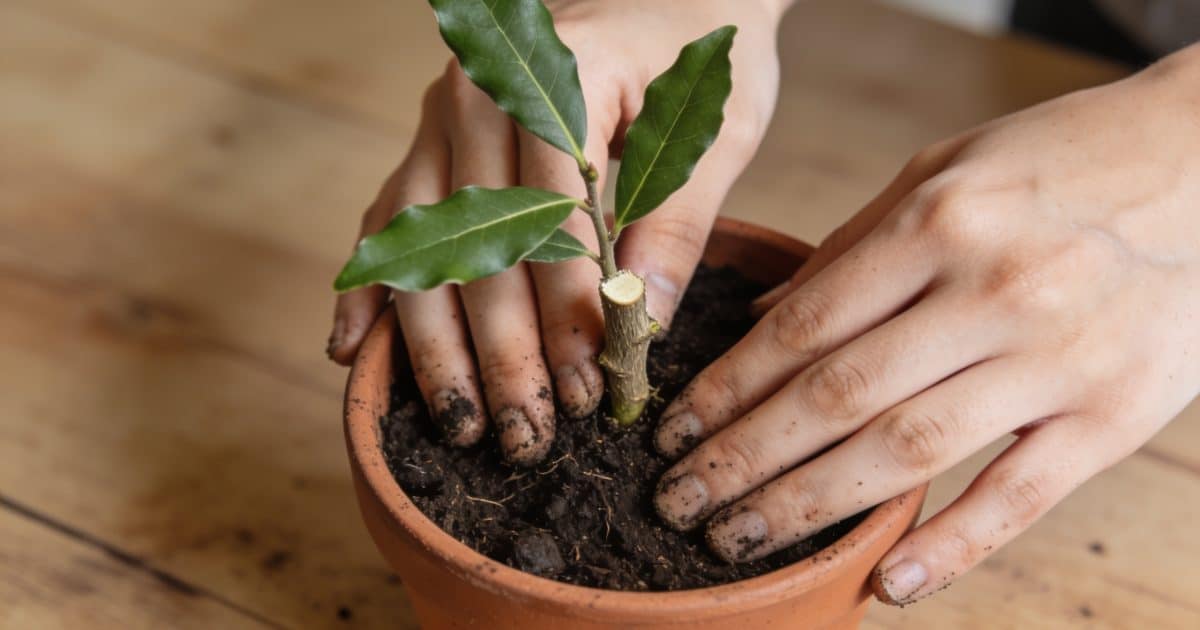 Mains plantant une bouture de laurier en pot