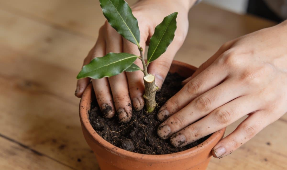 Mains plantant une bouture de laurier en pot