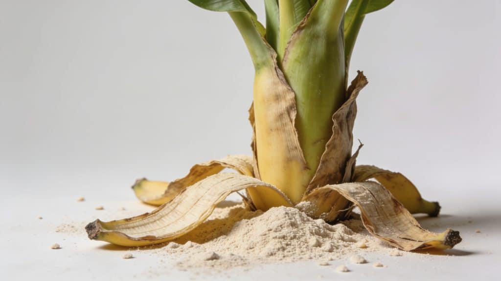Mains broyant peaux de banane sechees en poudre